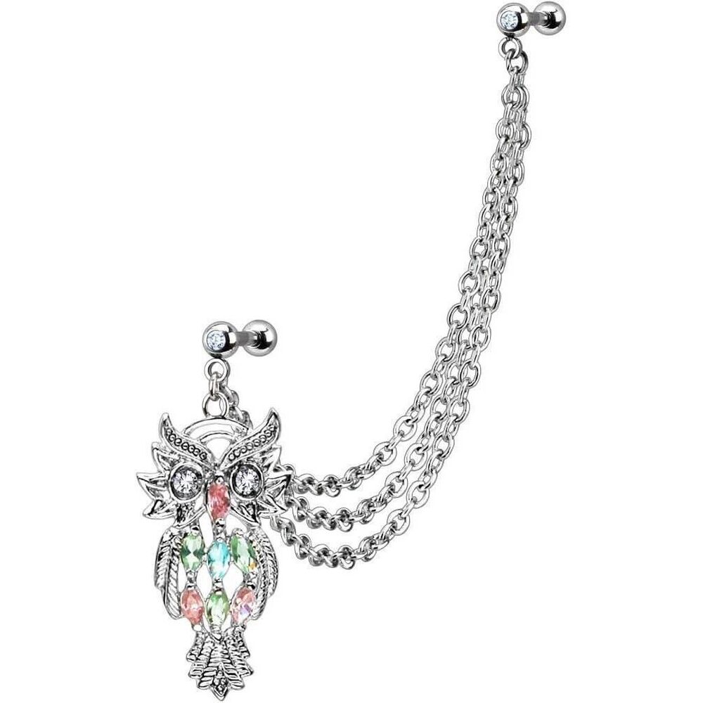 Owl Gem Tragus to Helix Chain Earring Cartilage 16G
